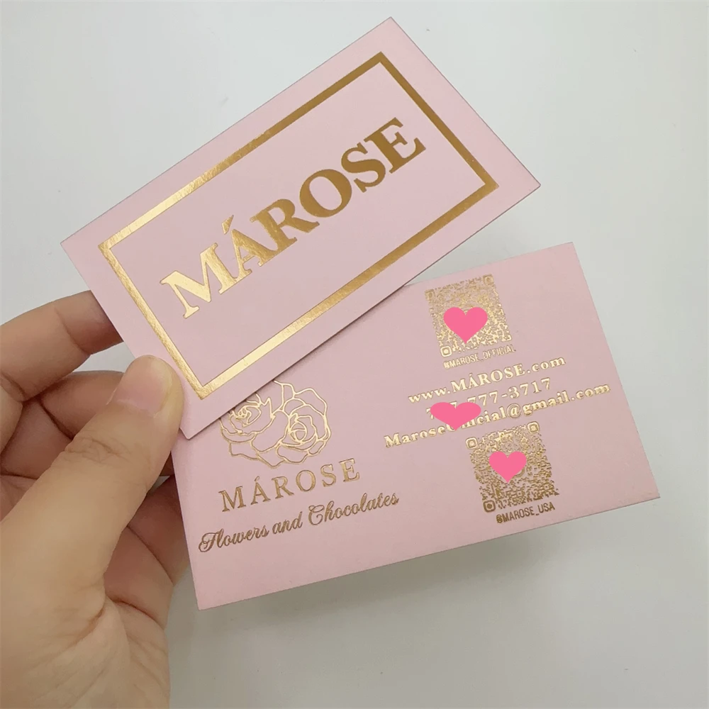 Custom Visiting Card Luxury Pink Embossed Business Card Printing With Gold Foil Stamping Printed Logo Thank You Card
