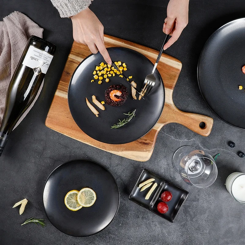 High Quality Crockery Porcelain Tableware Cheap Bulk Matte Black Ceramic Dinner Flat Plates