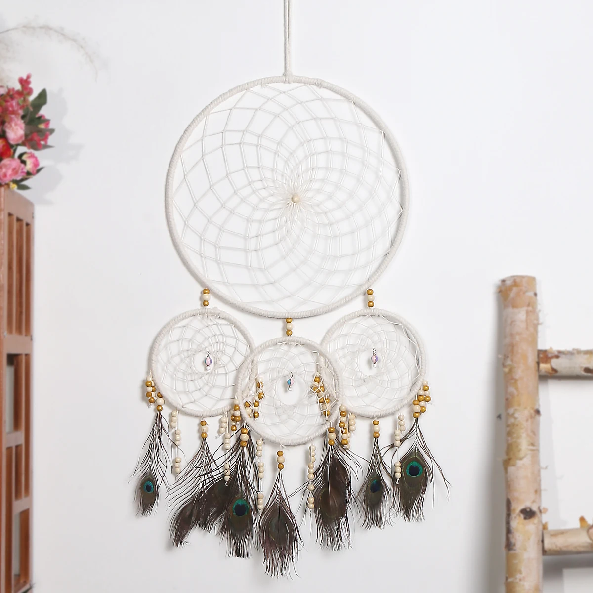 Wholesale Low MOQ Four Rings Dream Catcher with Peacock Feather Home Decor with Wall Hanging Feather Decoration