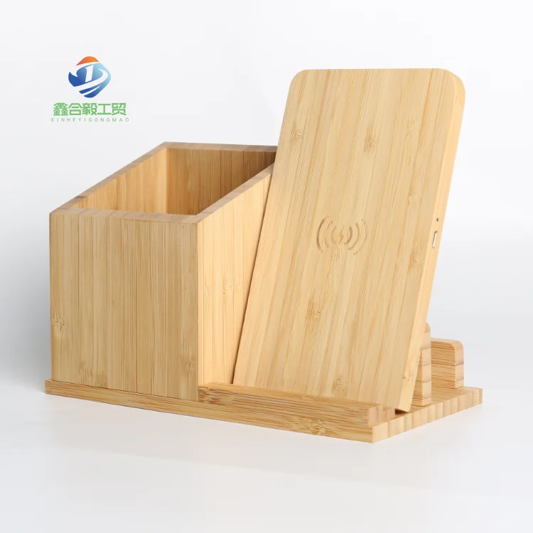 Custom Logo 3 In 1 Wireless Charger Bamboo Wireless Charger Stand With Pen Holder