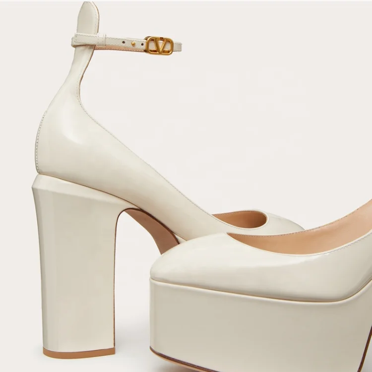 Custom Manufacturer New Design Ladies Square Toe Ankle Strap Shoes Pu Chunky Heel Customized Luxury Women Beige Platform Pumps