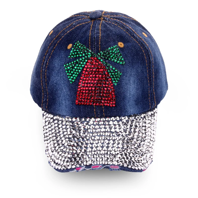 Custom bling stone logo multi color 6 panel distressed denim baseball cap Custom rhinestone hat Christmas hat