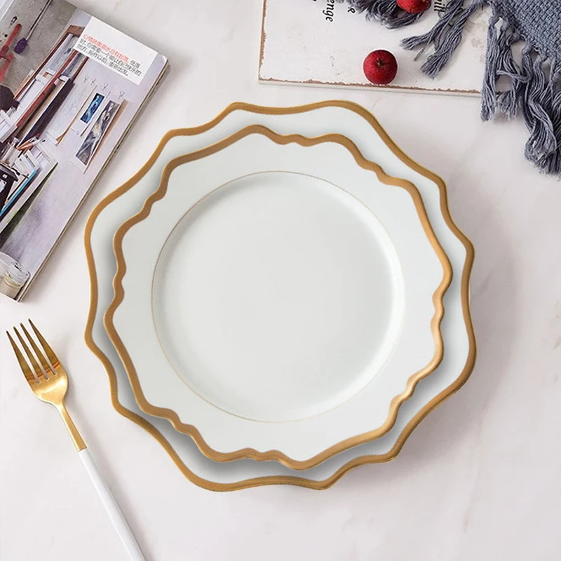 Wholesale Nordic White Sunflower Ceramic Charger Plate Set Tableware Gold Rim Porcelain Dinnerware Dishes Sets for Wedding Party