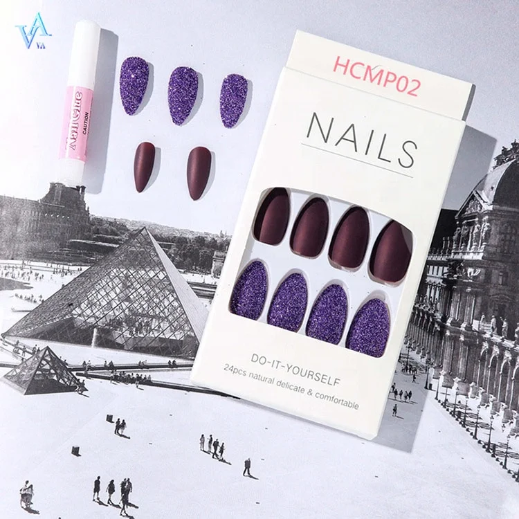 High Quality Almond tip Coffin Solid Color Glitter nail press on stick on nails acrylic