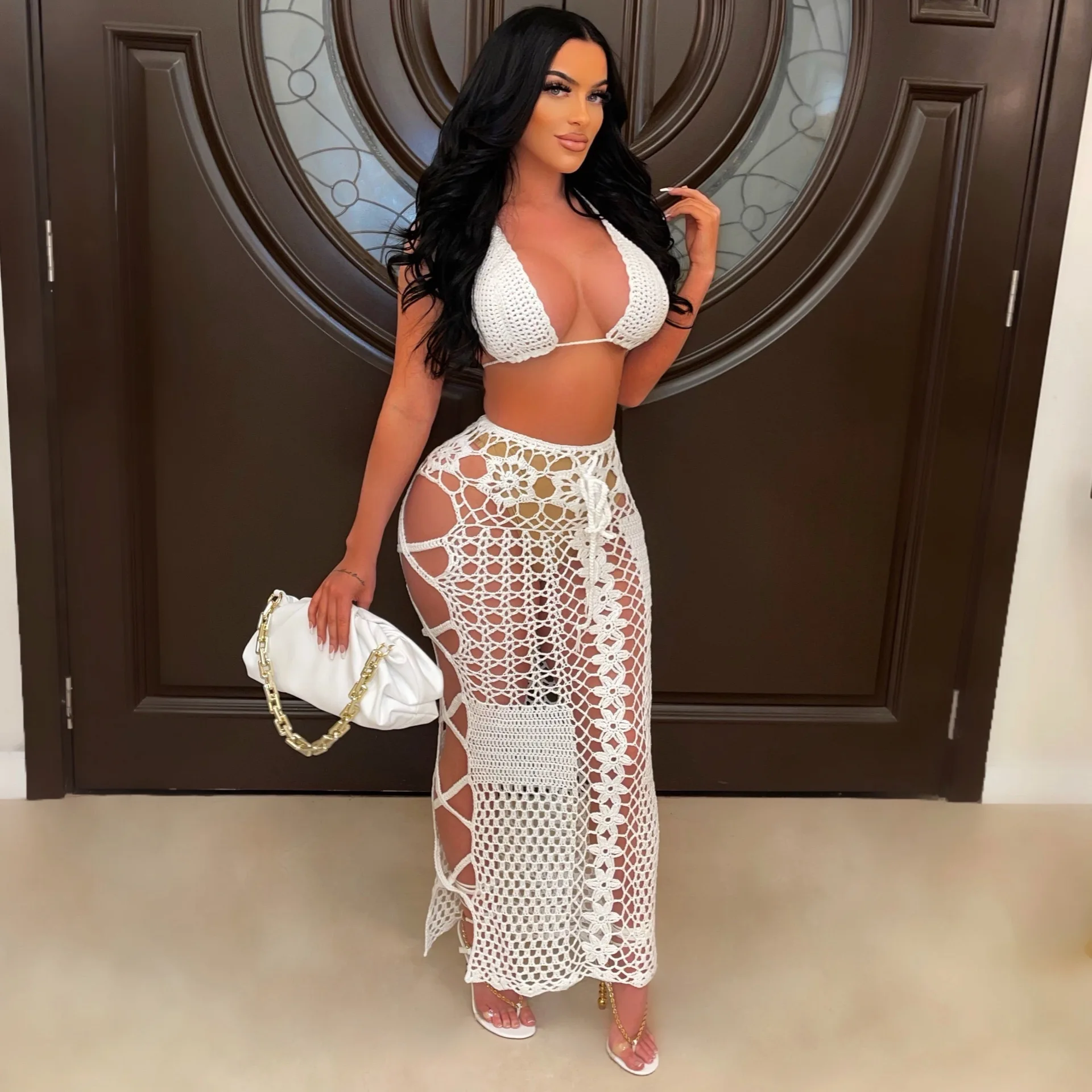 Hand Make High Quality Crocheted Skirts 2 Piece Skirt Set Netted Cutout Bra Skirts  2023