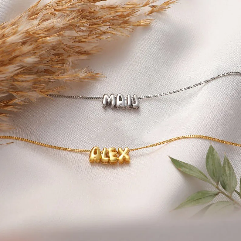 New 2024 Minimalist Tarnish Free Brass Jewelry Personalized Mini Bubble Name Ballon 3D Puff Letter Charm Necklaces Women