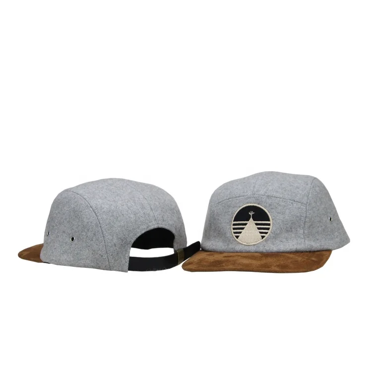 Custom plain melton wool leather strap 5 panel hat cap with logo embroidery