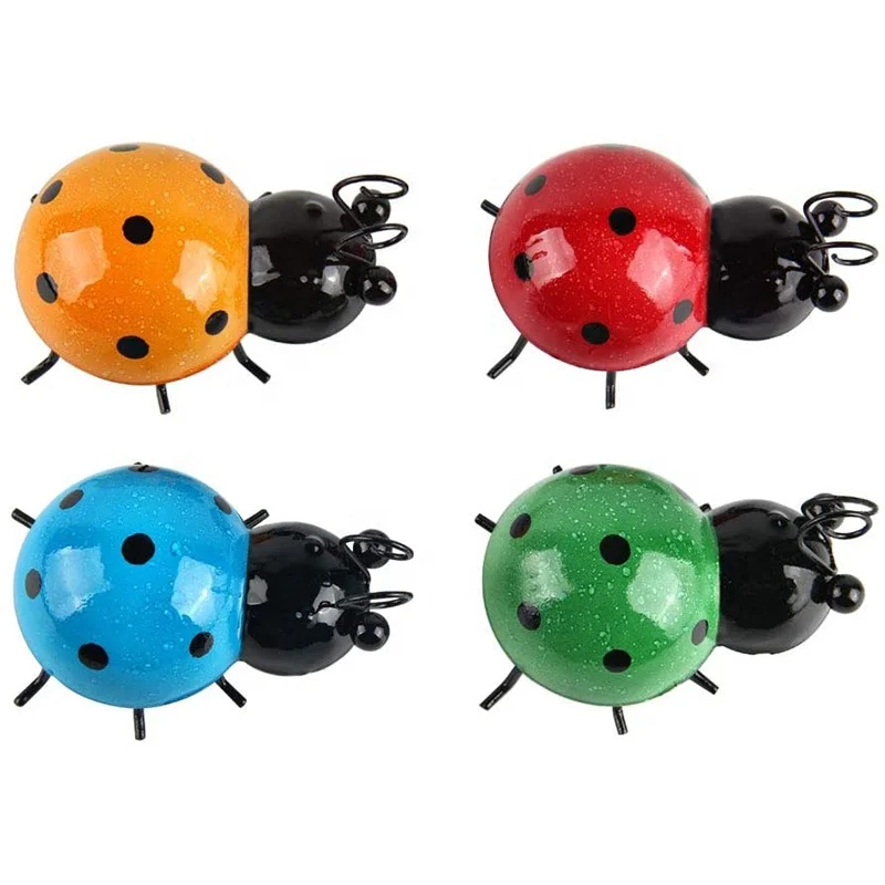 Metal Ladybug Wall Decor Garden Insect Hanging Art Outdoor Decorative Sculpture for Patio, Fence or Tree - Pack of 4