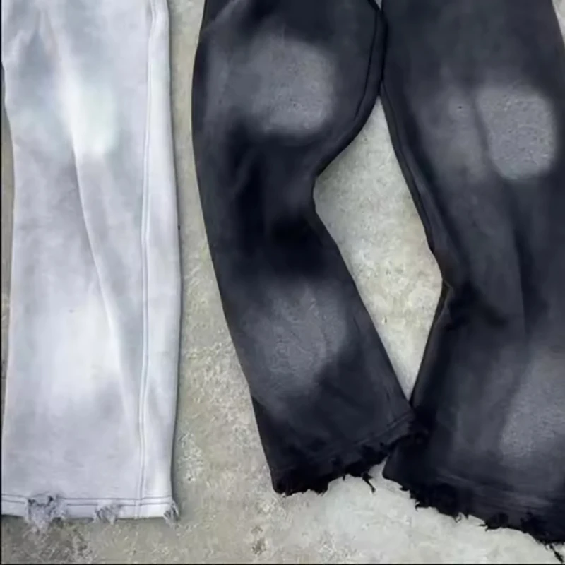 Custom Loose Sun Faded Sweatpants French Terry Distressed Washed Double Waist Straight Trackpants Acid Washed Flare Sweatpants