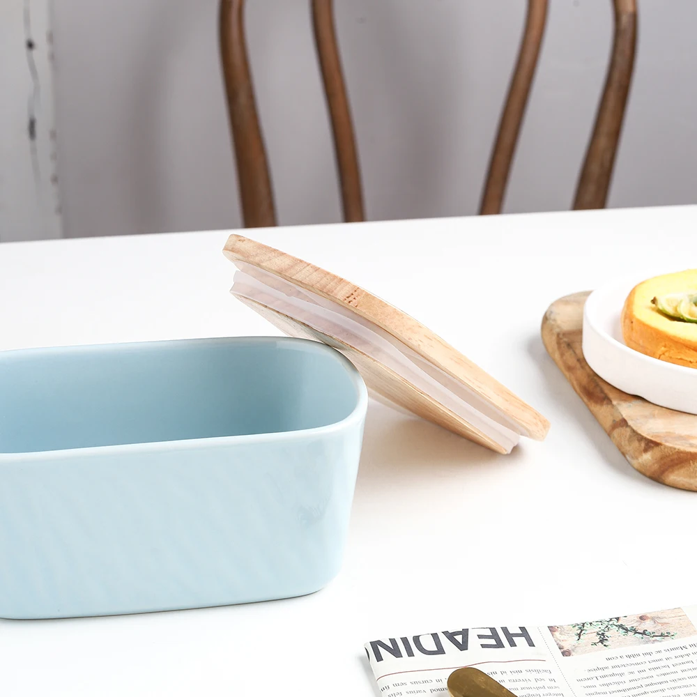 Butter Keeper Rectangle Ceramic Butter Dish With Wooden Lid  porcelain butter container