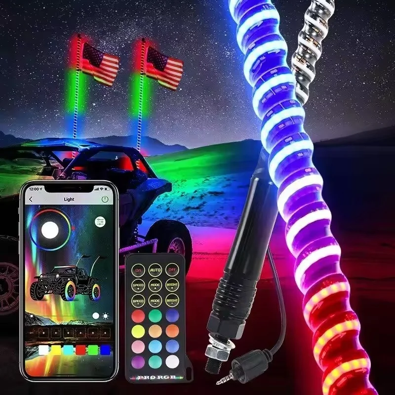 OPOO New superbright spiral  2FT 3FT 4FT 5FT 6FT COB RGB LED whip spiraling light for ATV UTV BOATS SNOWMOBILE