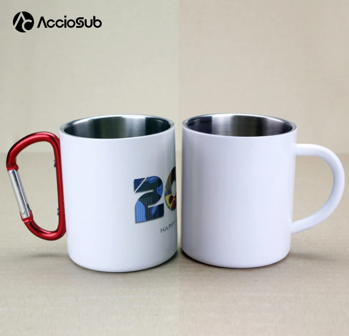 Wholesale Preferential 300ML Double Insulation Carabiner Handle Printed Logo Camping Travel Sublimation Stainless Steel Mug