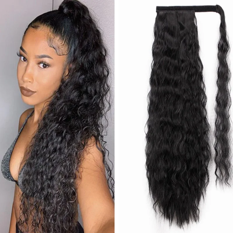 High Quality 22 Inch Drawstring Ombre Corn Wavy Curly Ponytail Clip In Pony Tails Hair Extensions