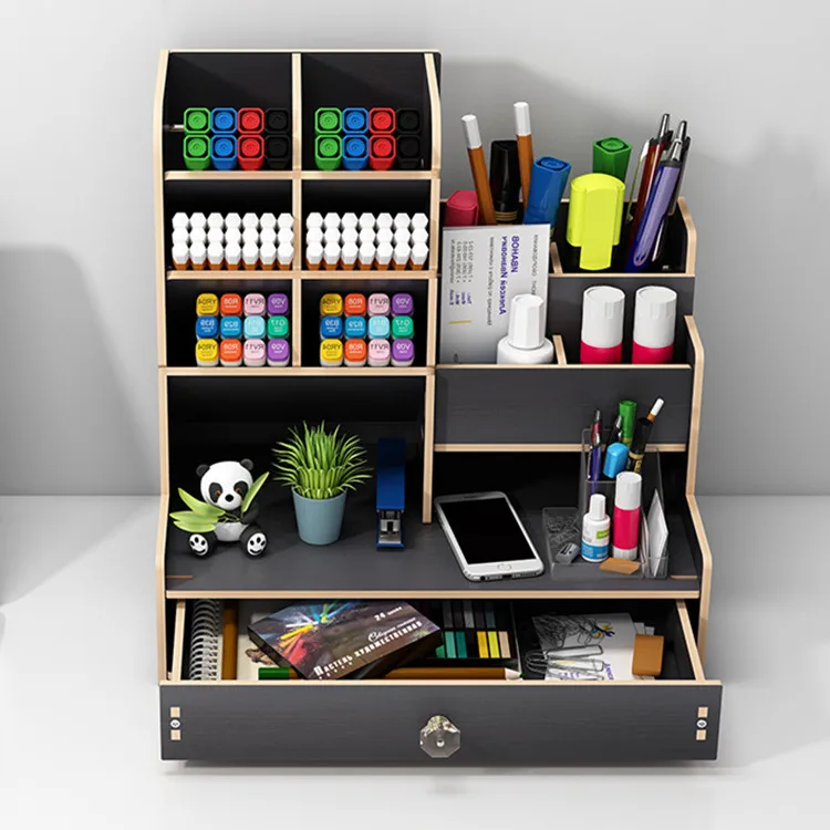 Tonsmile DIY Bamboo Wooden Stationery Desktop Drawer Office Organizer with Phone Holder(Black)