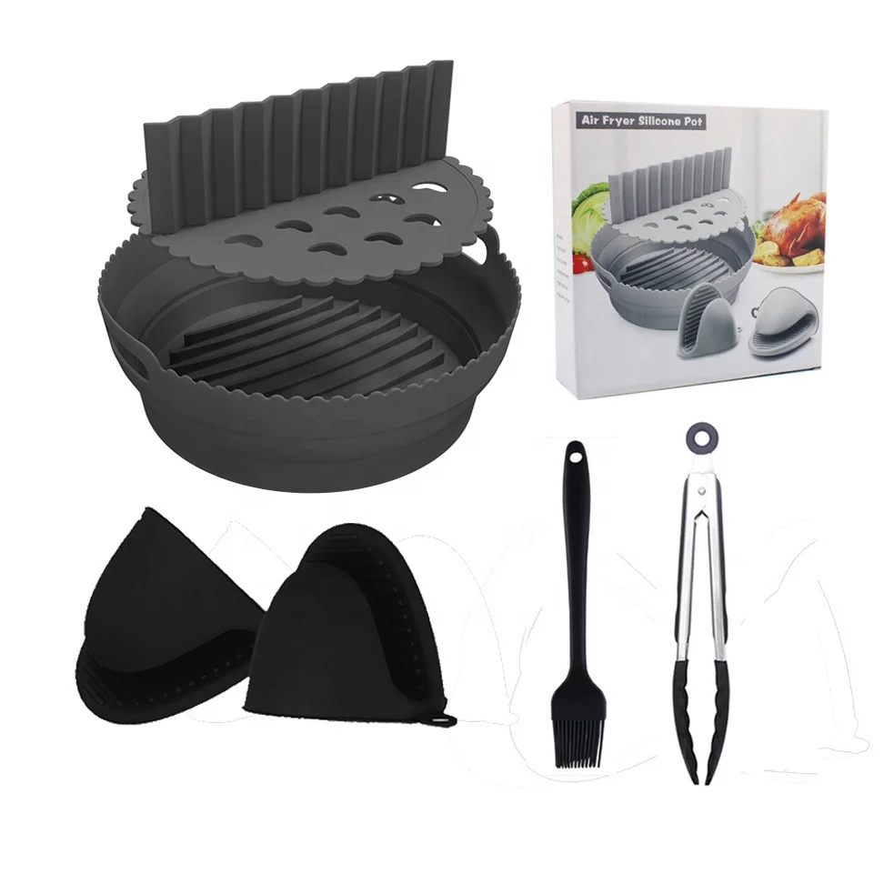 2023 New Air Fryer Reusable Folding Silicone Liner Pot with Divider Round / Square in Gift Box Package Custom Logo Available