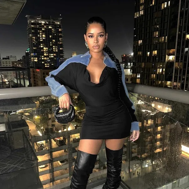 X10879C 2024 весеннее модное женское джинсовое лоскутное платье с длинным рукавом и отложным воротником облегающее миди сексуальное Клубное для вечеринок