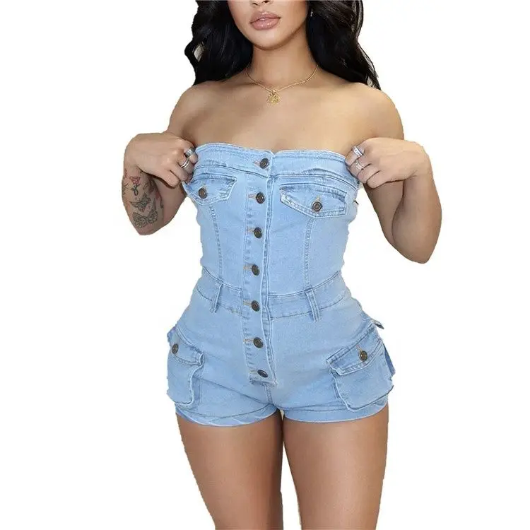 Women Summer Jeans Jumpsuit Off Shoulder  Casual Elastic Denim Rompers Shorts Women