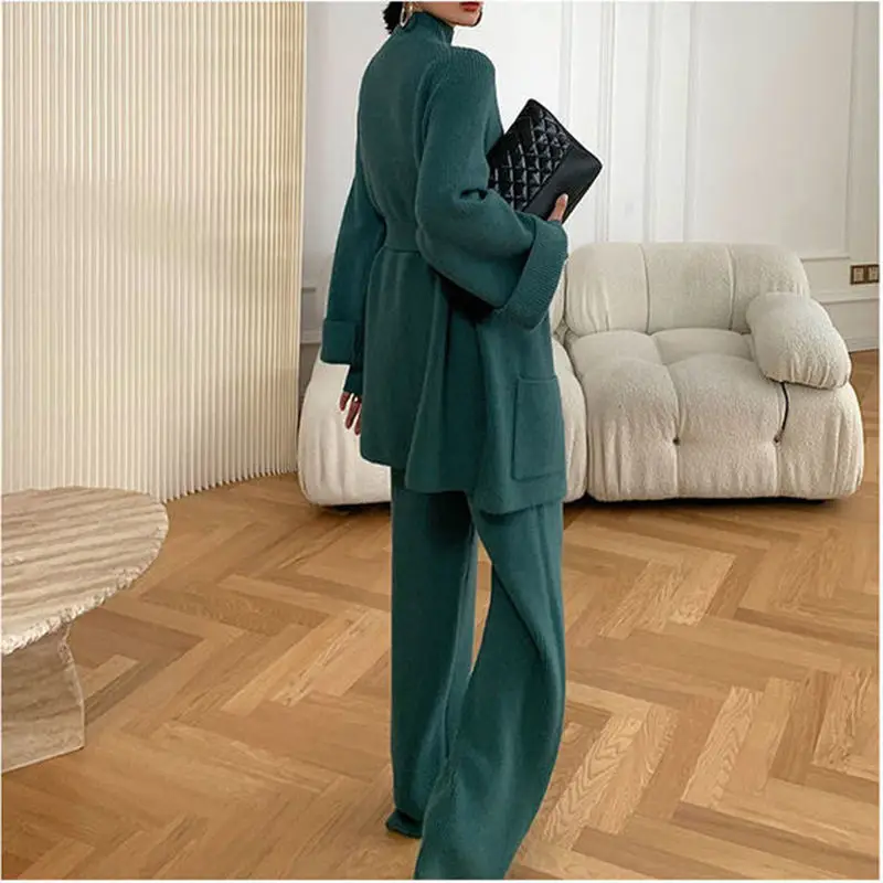 Winter 2022 new design high neck pullover knitted cardigan long sleeve wide leg pants 3 sets women sweater