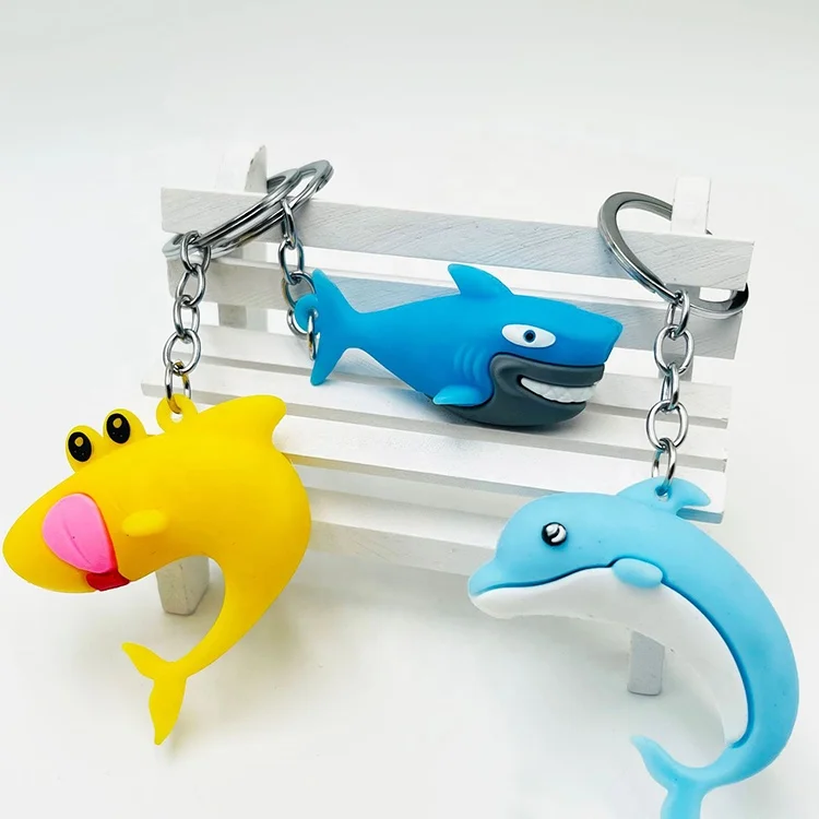 Funny 3d cartoon figure shark whale dolphin shape design soft pvc cute keychain children kids school bag pendant keychain