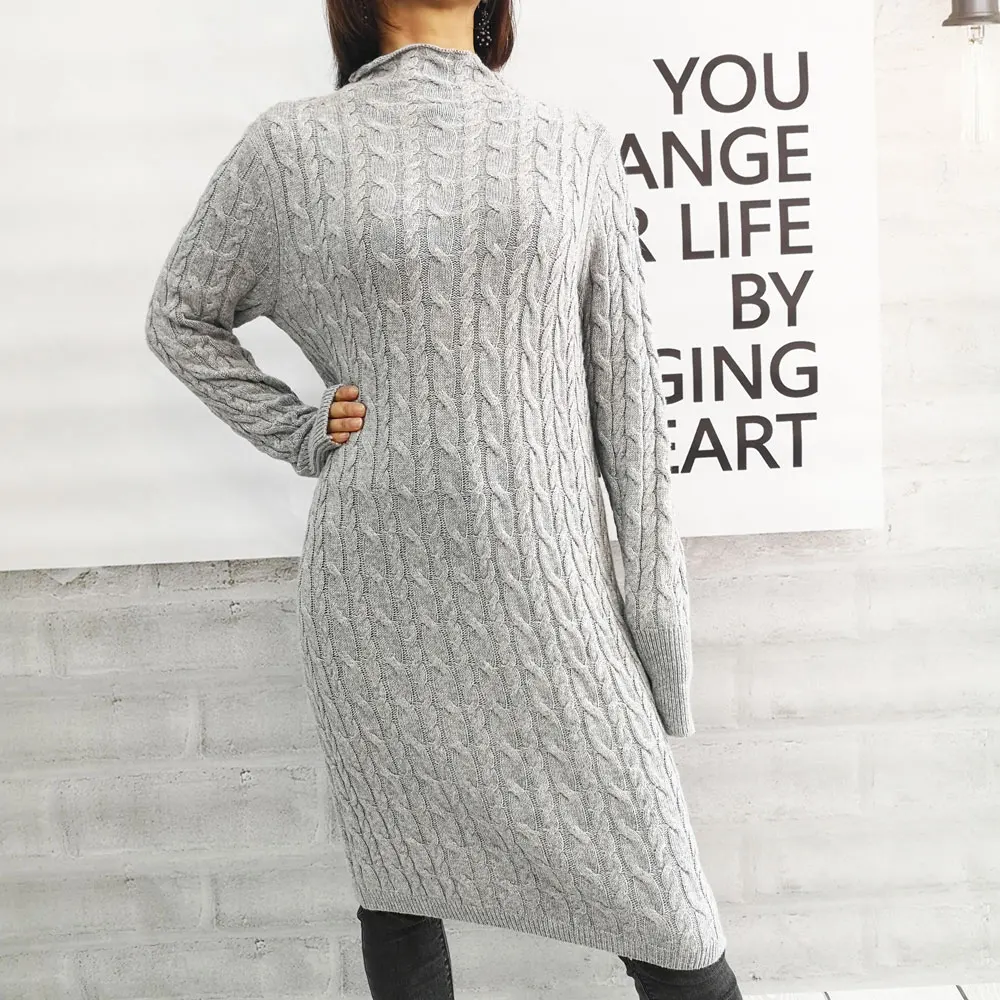 Winter Odm Custom Casual Style Women Turtleneck Thick Cable Knit Long Sweater Dress Women