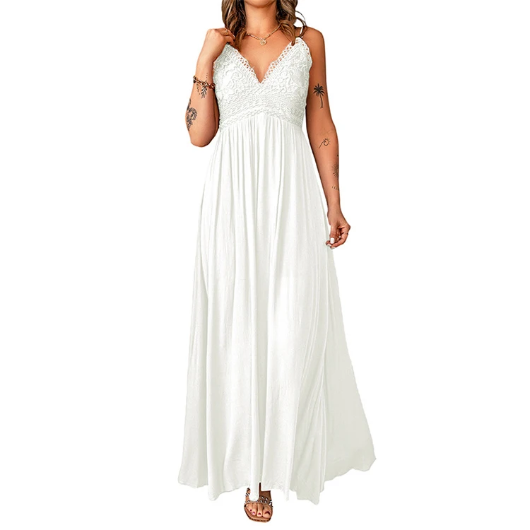 Fashion Women Casual Sleeveless Lace Long Dress Autumn Open Back Strap Dress