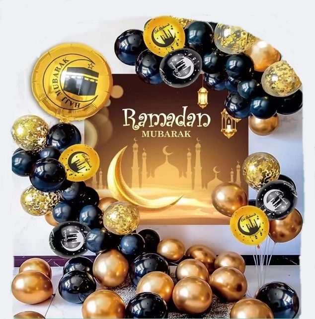 Ramadan/Eid Mubarak Party backdrop Moon stars flags poster Foil Balloons printed latex Balloons garland arch foil tasselss Decor