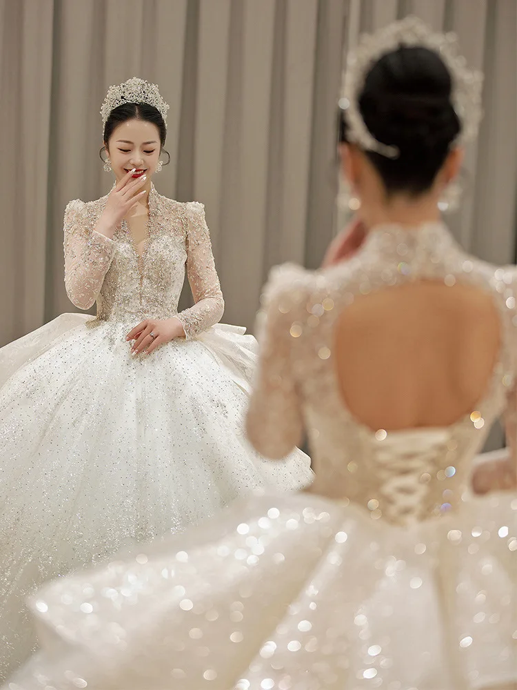 Long Sleeve Wedding Dress 2024 New Bride French V-neck Court Princess Wedding Dress Bridal Gowns Chapel Train Wedding Dresses