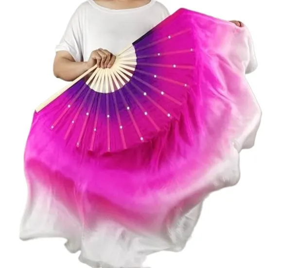 86cm White Pink Purple Gradient Fan Veil One Pair Women Chinese Folk Classic Dance Bamboo Fan Light Weight Colorful Flowy Props