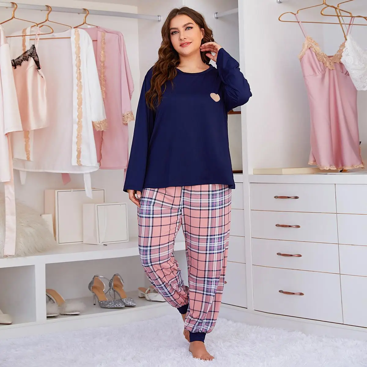 Женский XL-5XL мягкий пижамный комплект с длинным рукавом и брюками