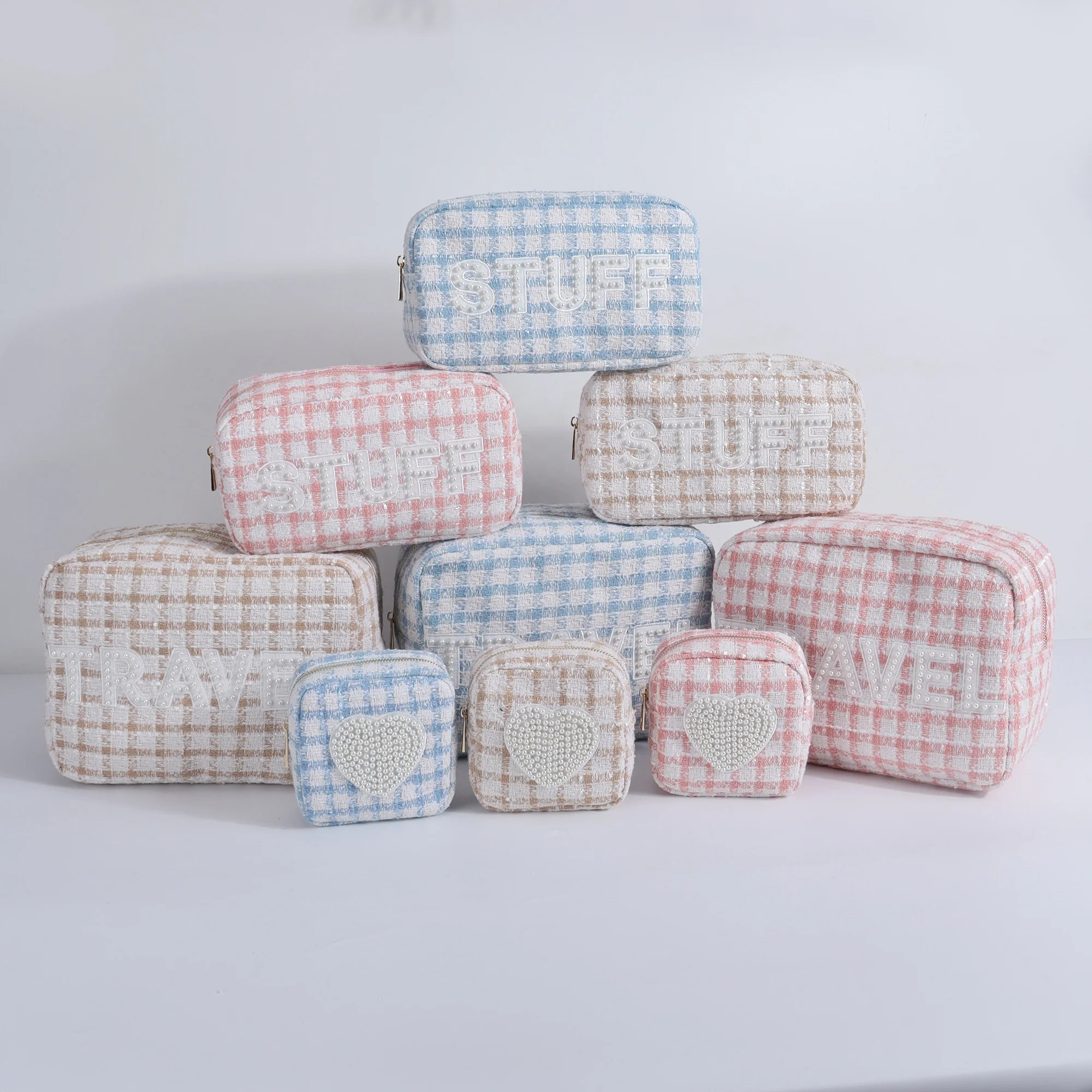 Bridesmaid Gifts Spring Ruffle Waterproof Large Organizer Travel Pouch Polyester Gingham Cosmetic Bags Makeup Bag For Girls