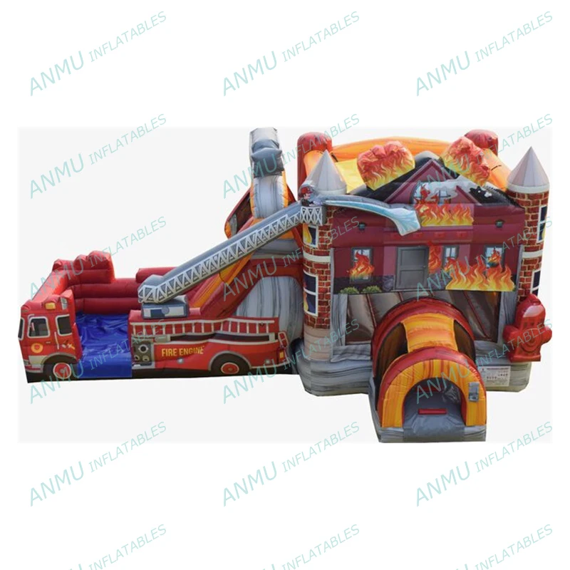 Commercial bouncy castle fire truck inflatable bounce house with slide
