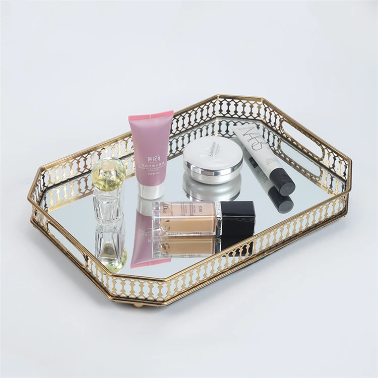 Декоративный светильник, роскошные украшения, зеркальный металлический лоток с гальваническим покрытием, железный стеклянный домашний лоток для хранения