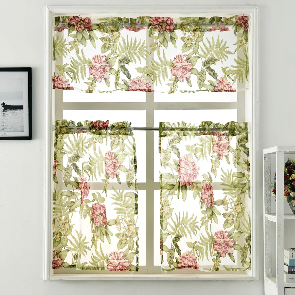Floral Kitchen Curtains Set Short Windows Ready Made Sheer 3- Piece Curtain Tier & Valance
