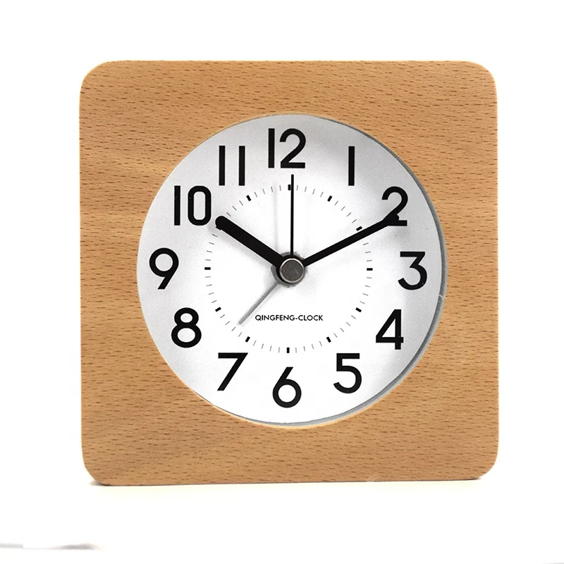 Small size mini solid wood frame quartz analog wooden square alarm clock for table desk decor