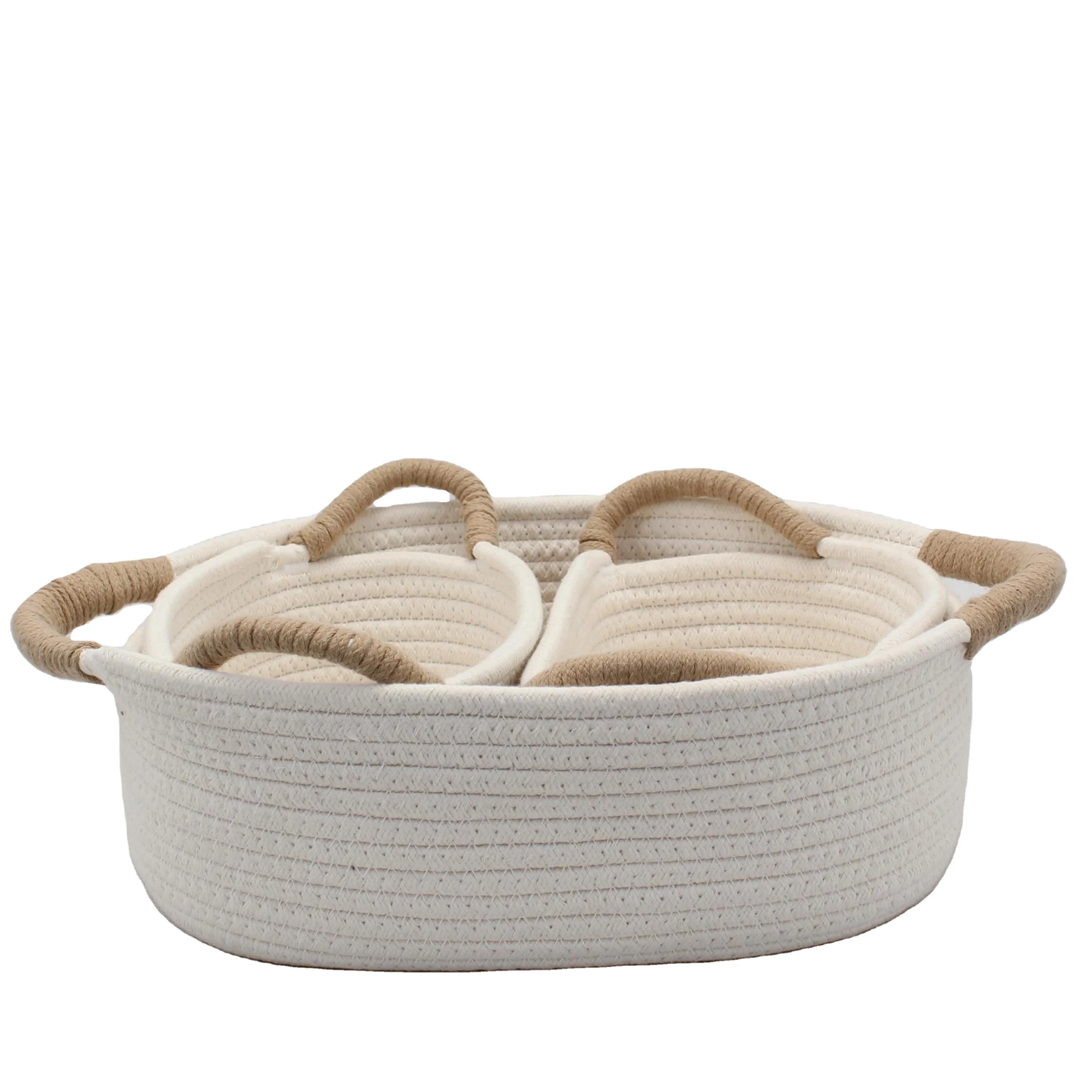 2022 Newest white Cotton Rope Baby Woven Storage Fabric Basket Foldable Storage Bag Basket With Handle