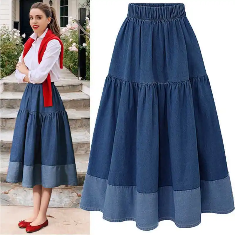 Elegant casual high waist women pleated A line midi length Skirt patchwork elastic Ladies denim skirts