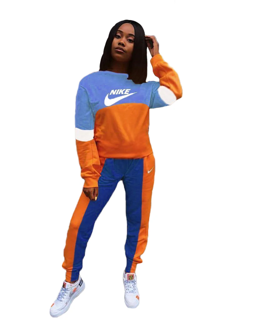 Hot Sale Keep Warm Patchwork Contrast Color Nike Long Sleeve Fitness Women Matching Yoga 2 Piece Pants Set Crewneck Sweatsuit