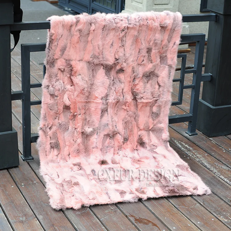 CX-D-11C Patchwork Home Decor Real Rabbit Fur Throw Blanket Shawl
