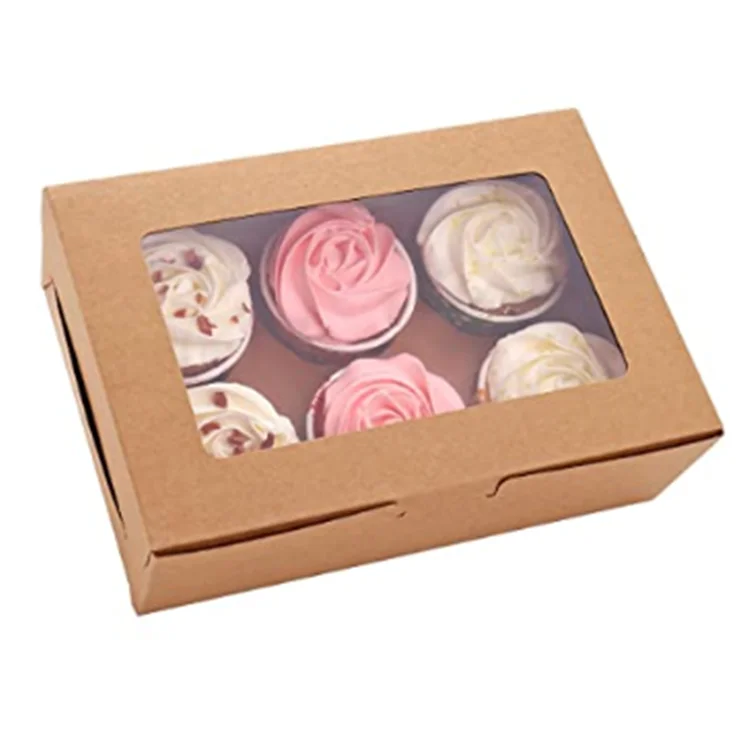  6 cavity Kraft Paper Cupcake Boxes nice Chocolate packing box with Clear Windows Containers Carriers