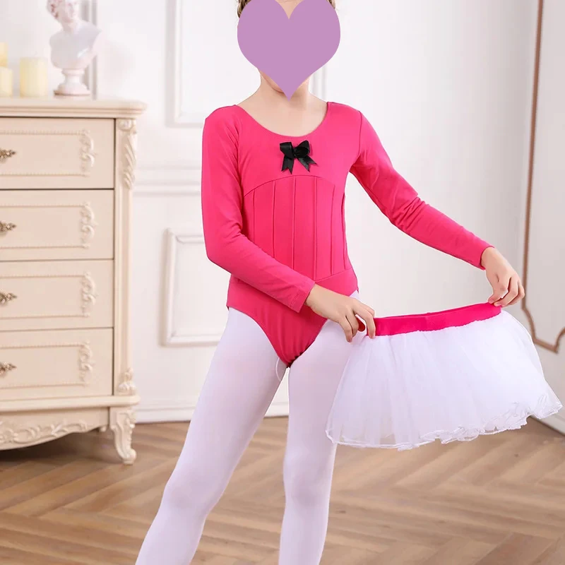 2pcs Ballet Dress Gymnastics Leotards for Girls Kids Long Sleeve Ballet Dancewear Chiffon Skirts Kids Bowknot Dance Leotards