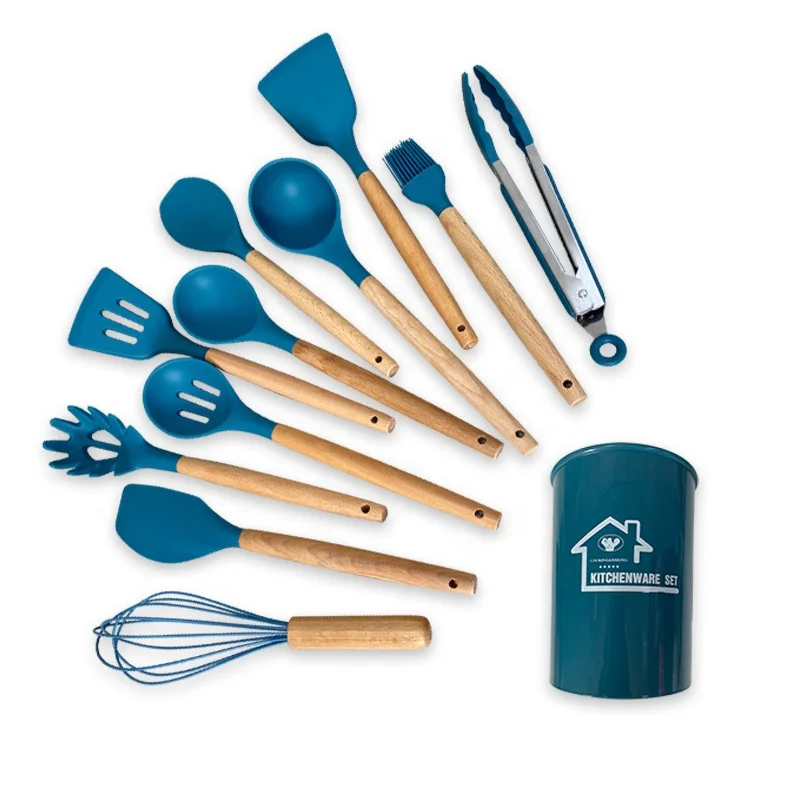 Non Toxic 12 pcs Cooking Tools Kitchenware Cocina Spatula Silicone Kitchen Utensils Set With Wooden Handles