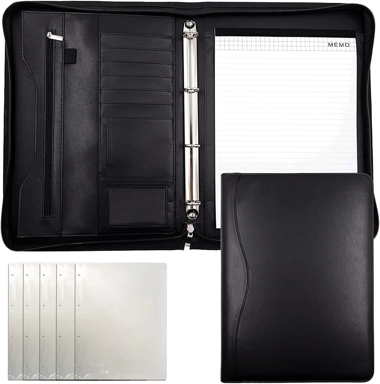 A4 multifunctional zipper PU leather document file holder ring binder, Custom office spiral binder leather portfolio organizer