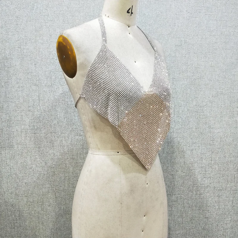 2024 Fashion Backless Triangle Gold Silver Splicing Pattern  Aluminum Rhinestone Mesh Crystal Crop Top