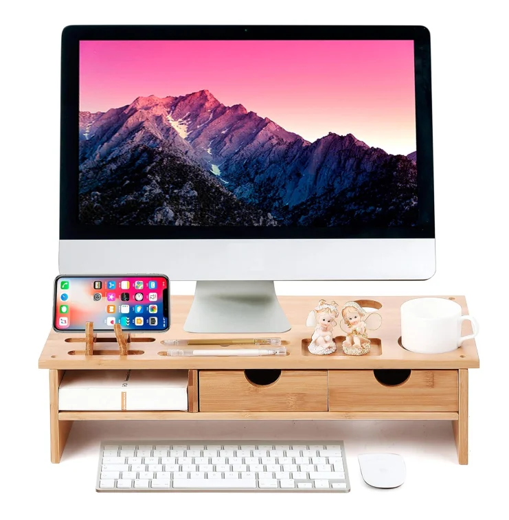 Multifunction natural bamboo wood 2 tier laptop stand with drawers monitor riser desk organizer for computer screen office home