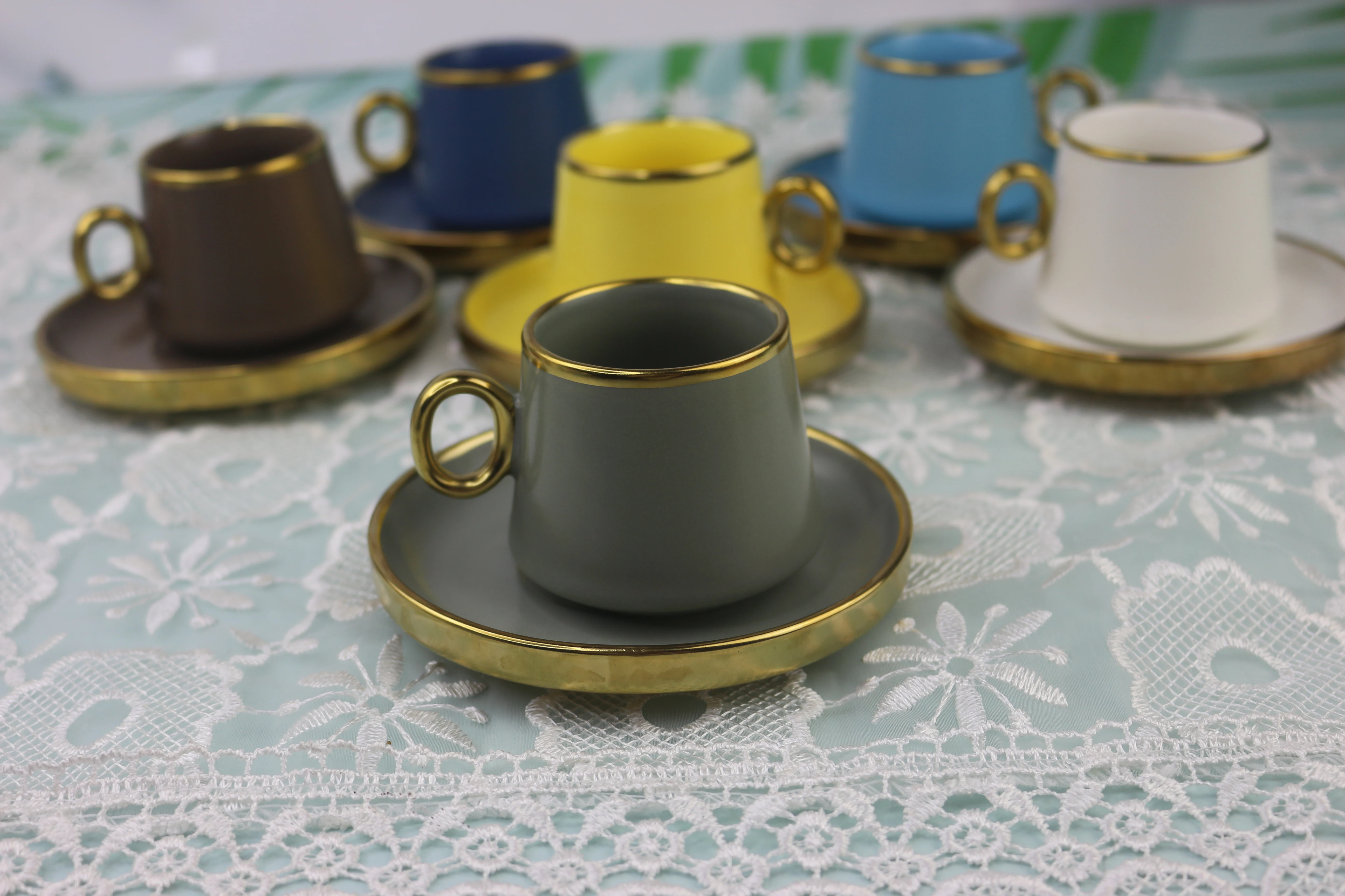 Hot Sale 6 Colors Turkish Coffee Cup Porcelain Cup and Sauce Arabic Coffee Set with Color Box