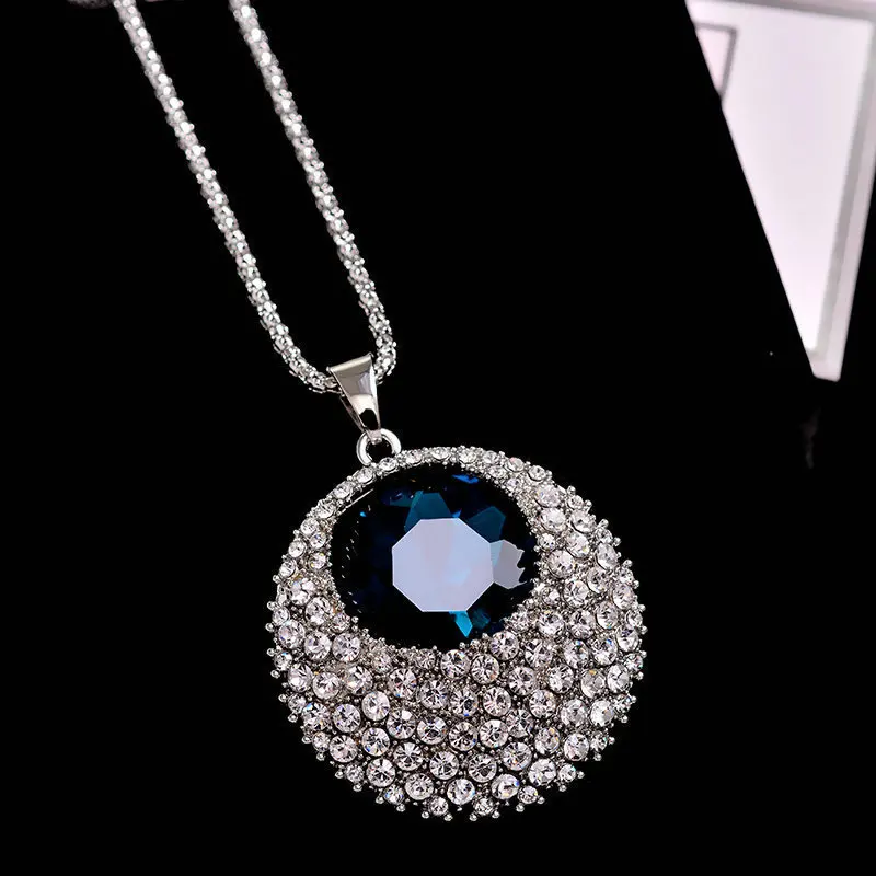 Fashion all-match sapphire long sweater chain, clothing accessories, crystal round necklace, zinc alloy full of diamonds