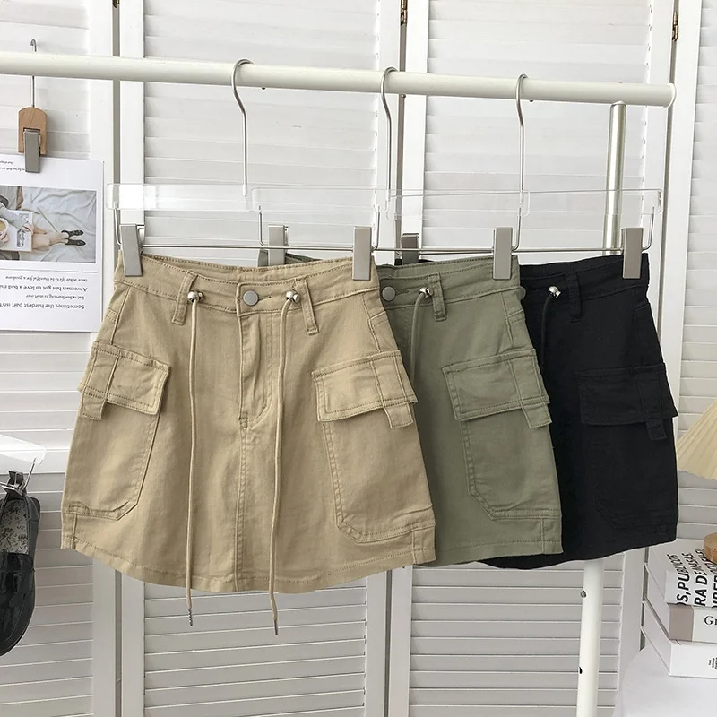 Black Army Green Khaki A-line Skinny Fit Sexy Skirt Women High Waist Cargo Skirts With Drawstring Pockets