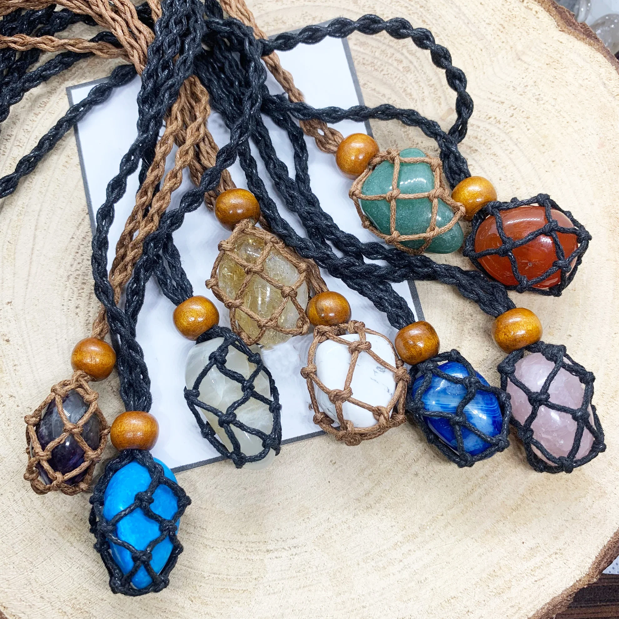 Braided Rope interchangeable Macrame Hemp gemstone Pendant Pouch Net Necklace
