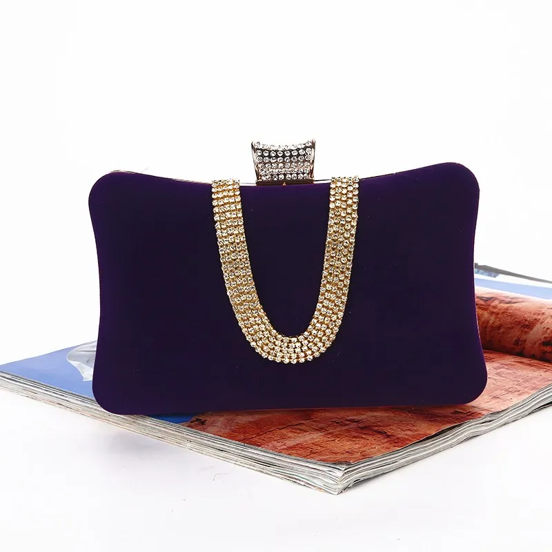 
Wholesales From China Factory Cheap Royal Velvet Crystal Beading Women Purse Big Boxed Evening Clutch Bag With Metal Strap 