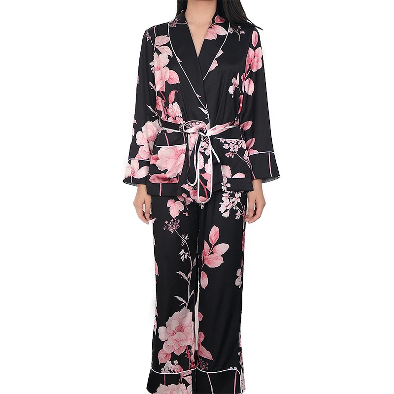
GUIXIU Women Silky Satin Long Sleeve Pajamas A girdle robe Floral Print long pants Set Loungewear Sleepwear 